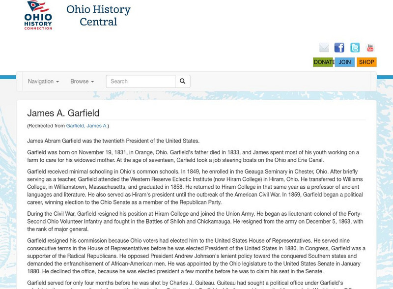 Ohio History Central: James Garfield Handout Ohio History Central: James Garfield Handout