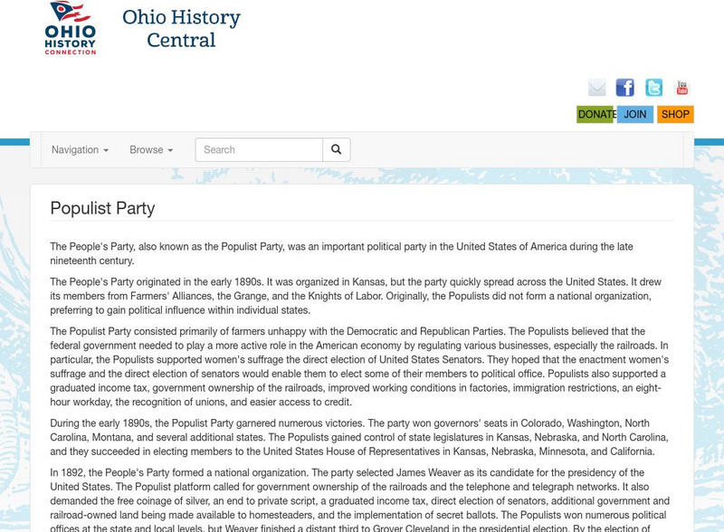 Ohio History Central: Populist Party Handout Ohio History Central: Populist Party Handout