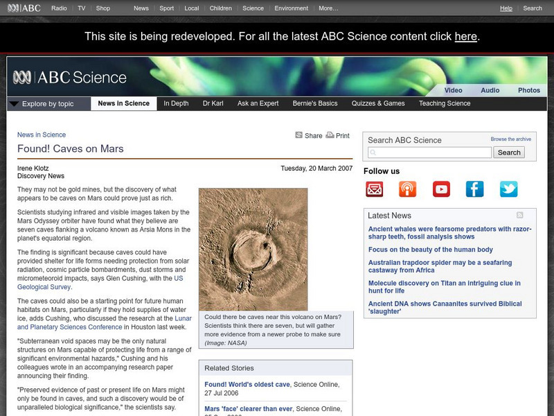 Australian Broadcasting Corporation: News in Science: Found! Caves on Mars Article Australian Broadcasting Corporation: News in Science: Found! Caves on Mars Article