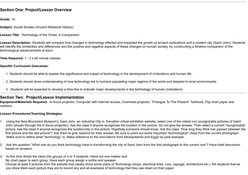 New Brunswick Museum: Technology of the Times: A Comparison Lesson Plan New Brunswick Museum: Technology of the Times: A Comparison Lesson Plan