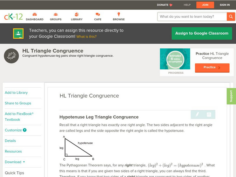 Ck 12: Geometry: Hl Triangle Congruence Unit Plan Ck 12: Geometry: Hl Triangle Congruence Unit Plan