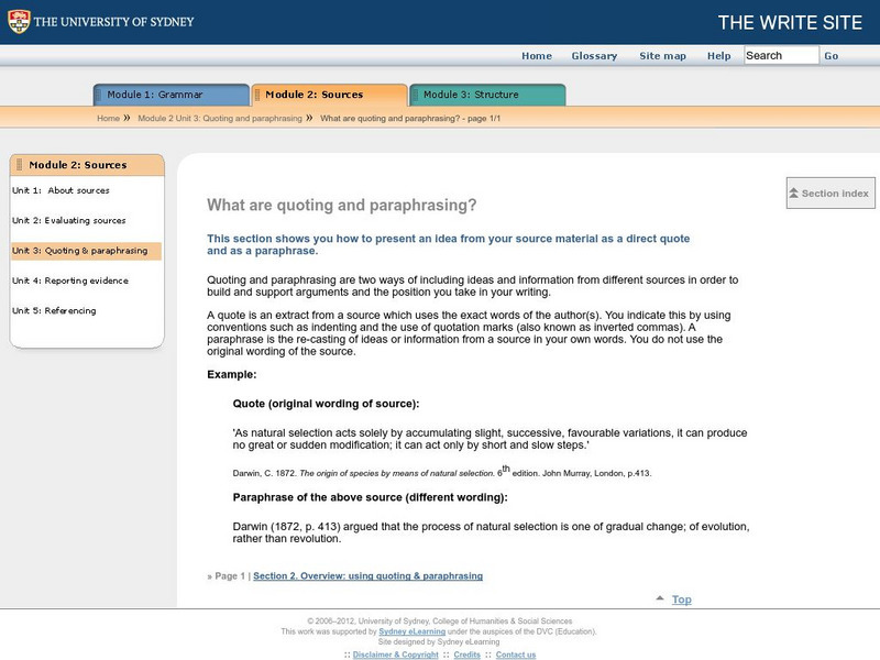 The Write Site: What Are Quoting and Paraphrasing? Unit Plan The Write Site: What Are Quoting and Paraphrasing? Unit Plan