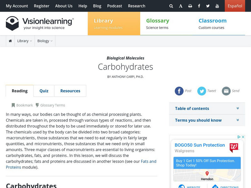 Visionlearning: Biological Molecules: Carbohydrates Handout Visionlearning: Biological Molecules: Carbohydrates Handout