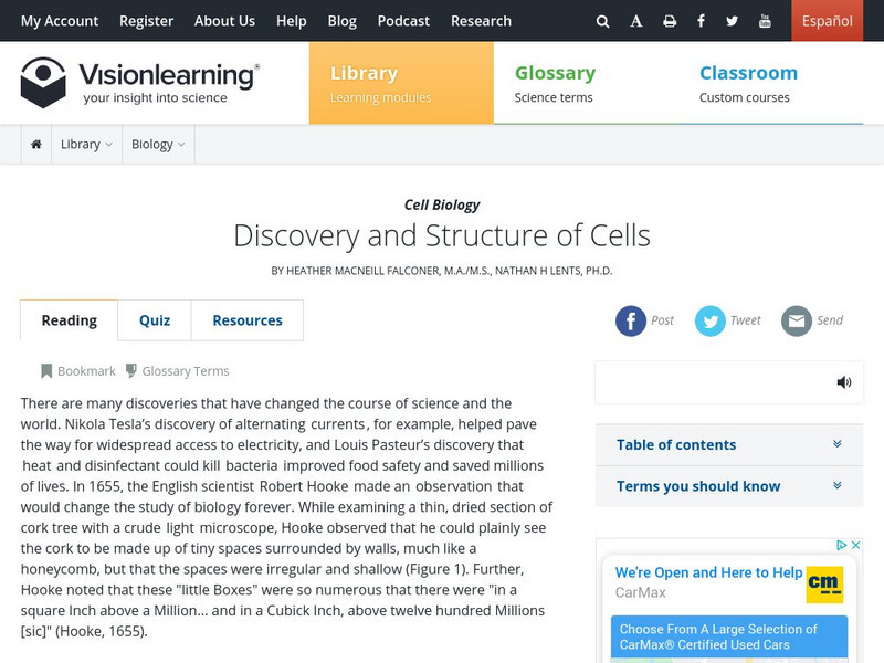 Visionlearning: Cell Biology: Discovery and Structure of Cells Unit Plan Visionlearning: Cell Biology: Discovery and Structure of Cells Unit Plan