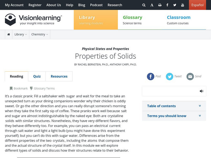 Visionlearning: Physical States and Properties: Properties of Solids Unit Plan Visionlearning: Physical States and Properties: Properties of Solids Unit Plan