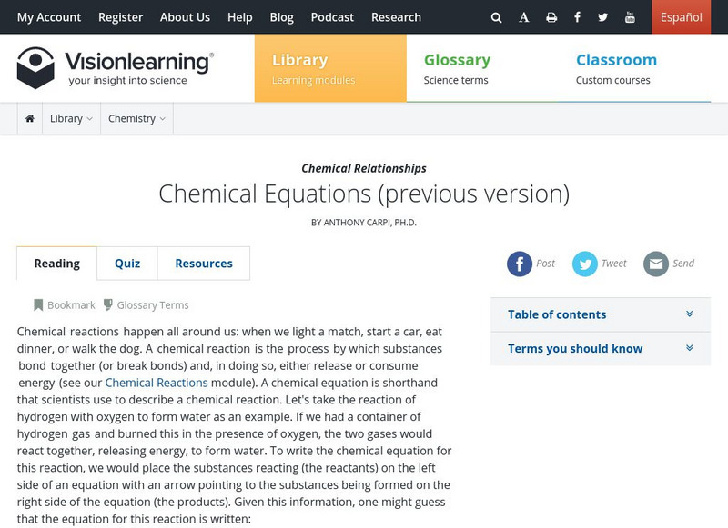 Visionlearning: Chemical Relationships: Chemical Equations Unit Plan Visionlearning: Chemical Relationships: Chemical Equations Unit Plan