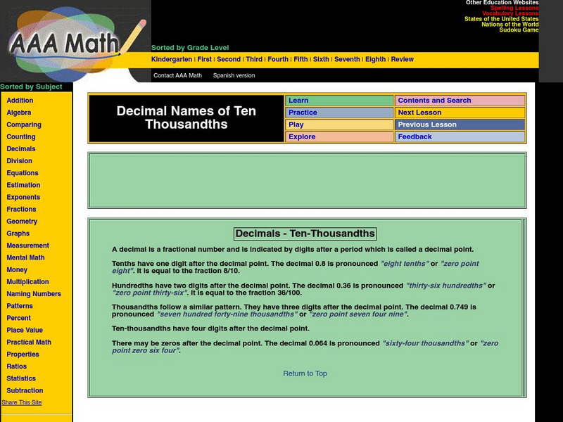 Aaa Math: Decimals Ten Thousandths Unit Plan Aaa Math: Decimals Ten Thousandths Unit Plan
