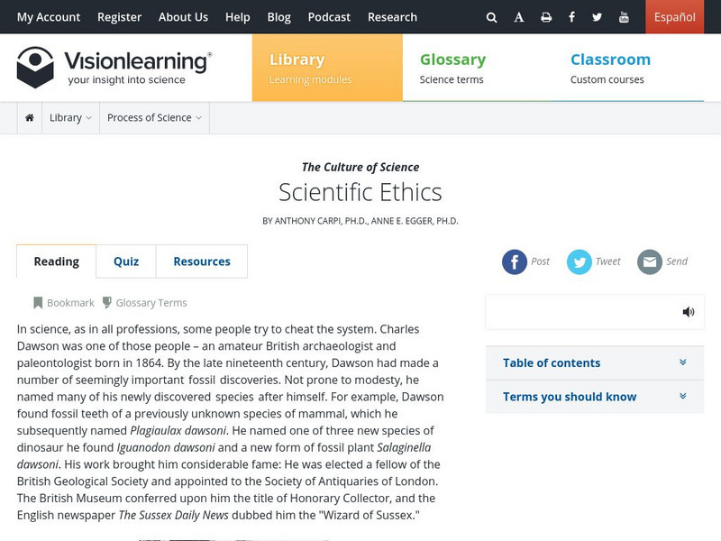 Visionlearning: Culture of Science: Scientific Ethics Unit Plan Visionlearning: Culture of Science: Scientific Ethics Unit Plan