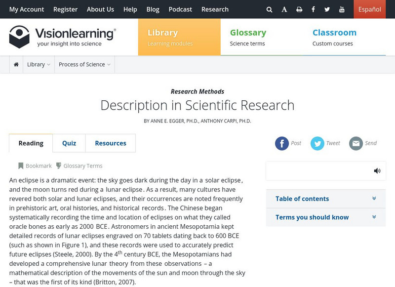 Visionlearning: Research Methods: Description in Scientific Research Unit Plan Visionlearning: Research Methods: Description in Scientific Research Unit Plan
