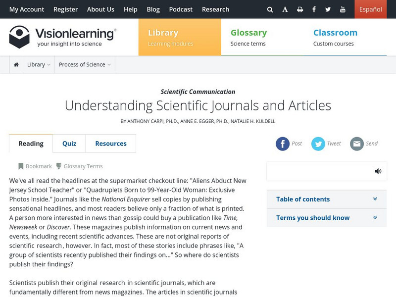 Visionlearning: Understanding Scientific Journals and Articles Unit Plan