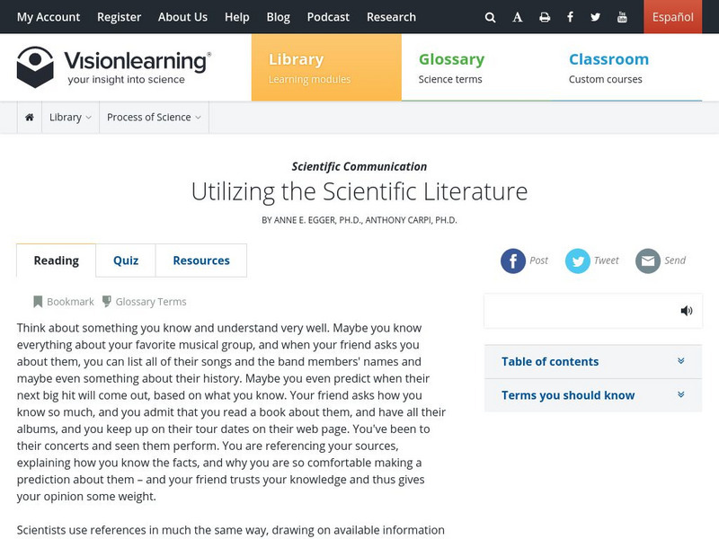Visionlearning: Scientific Communication: Utilizing Scientific Literature Unit Plan