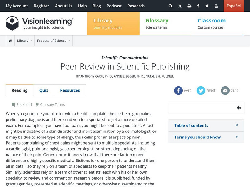 Visionlearning: Scientific Communication: Peer Review in Scientific Publishing Unit Plan