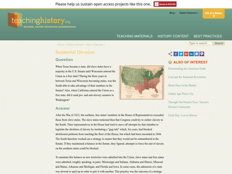 Teaching History: Ask a Historian: Senatorial Division Handout Teaching History: Ask a Historian: Senatorial Division Handout