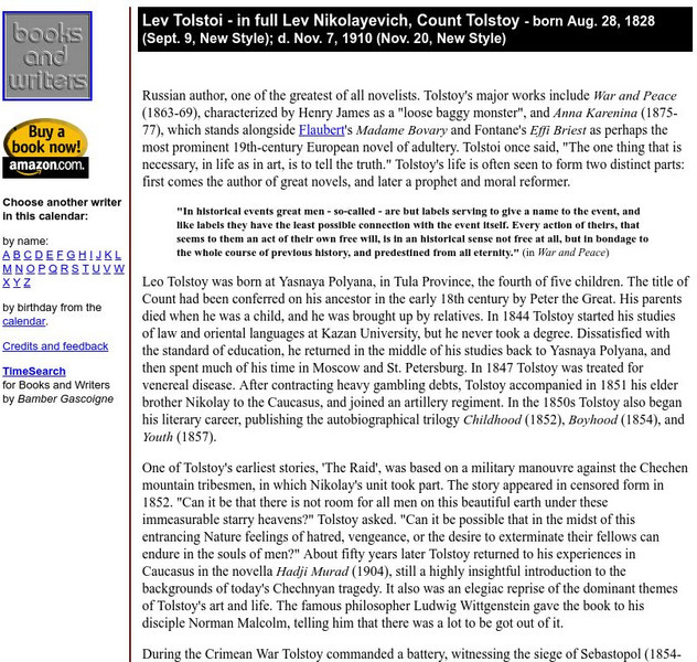 Author's Calendar: Leo Tolstoi Website Author's Calendar: Leo Tolstoi Website