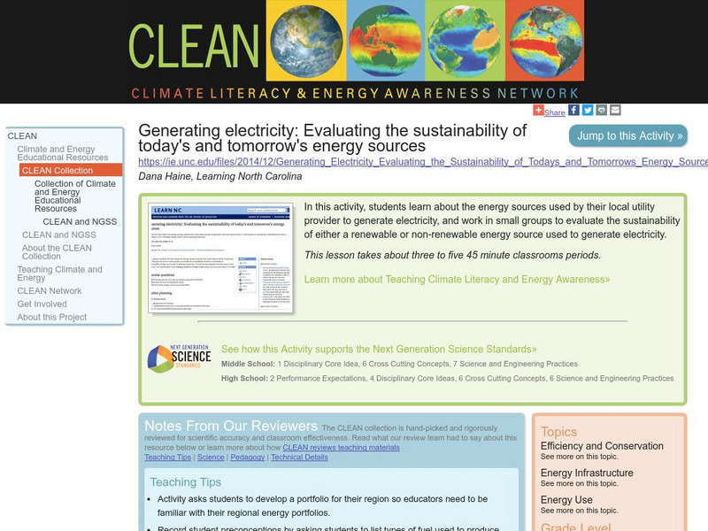 Clean: Generating Electricity: Evaluating the Sustainability Energy Sources Lesson Plan Clean: Generating Electricity: Evaluating the Sustainability Energy Sources Lesson Plan