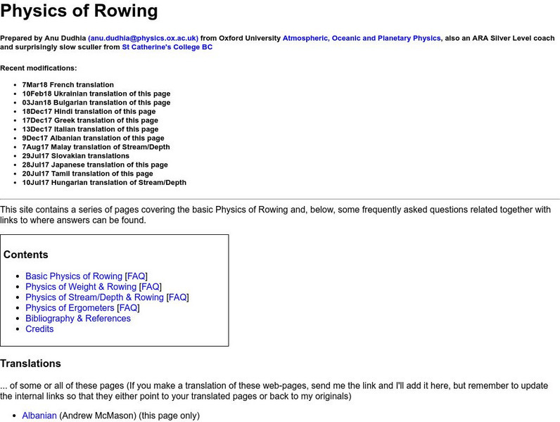 Oxford University: Faq: Physics of Rowing Website Oxford University: Faq: Physics of Rowing Website