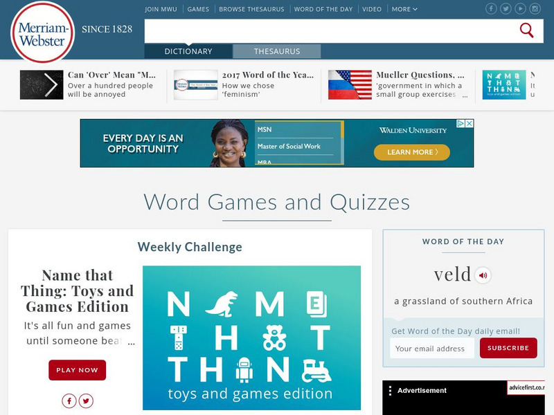 Merriam Webster: Quizzes and Games Website