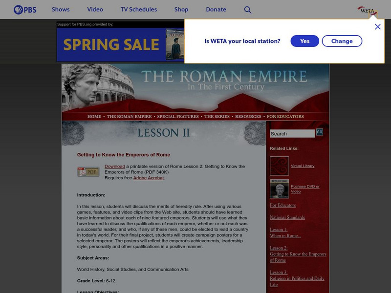 Pbs: The Roman Empire of the 1st Century: Getting to Know the Emperors of Rome Lesson Plan Pbs: The Roman Empire of the 1st Century: Getting to Know the Emperors of Rome Lesson Plan
