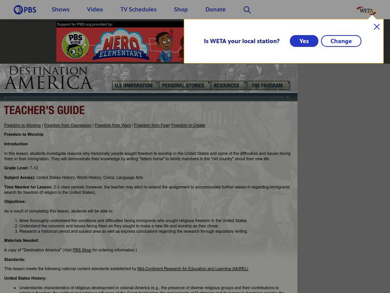 Pbs Teachers: Freedom to Worship (Lesson Plan) Lesson Plan Pbs Teachers: Freedom to Worship (Lesson Plan) Lesson Plan