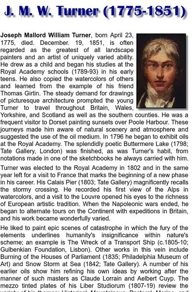 Dorset Page: Joseph Mallord William Turner (1775 1851) Handout Dorset Page: Joseph Mallord William Turner (1775 1851) Handout