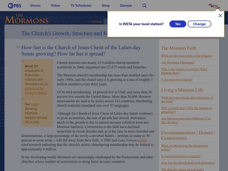 Pbs: Faq Sheet on the Mormon Church's Growth, Structure and Reach Website Pbs: Faq Sheet on the Mormon Church's Growth, Structure and Reach Website