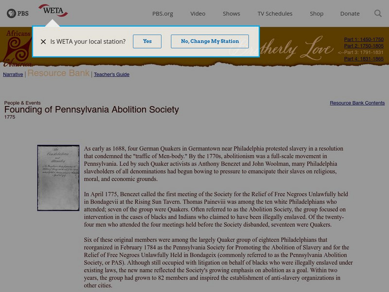 Africans in America: Founding of the Pennsylvania Abolition Society Article Africans in America: Founding of the Pennsylvania Abolition Society Article