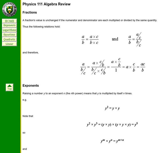 University of Saskatchewan: Physics 111 Algebra Review Activity University of Saskatchewan: Physics 111 Algebra Review Activity
