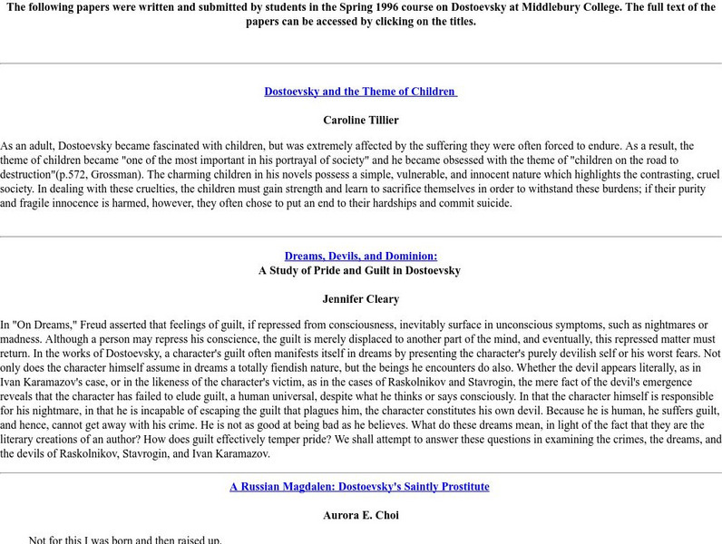 Middlebury College: Papers on Dostoevsky Website Middlebury College: Papers on Dostoevsky Website