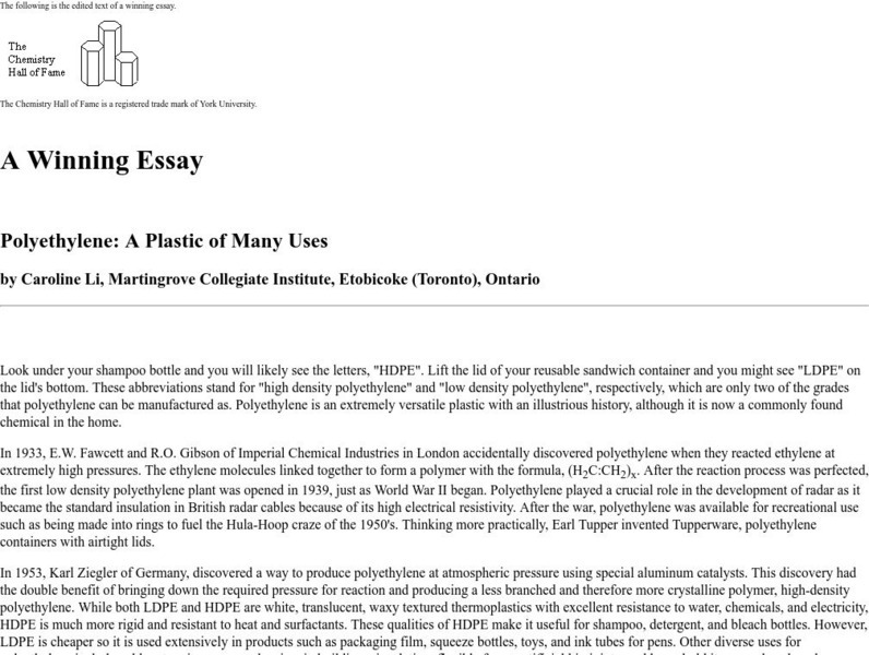 Chemistry Hall of Fame: Polyethylene a Plastic of Many Uses Article