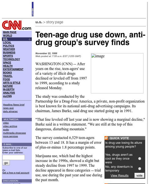 Cnn: Teenage Drug Use Down, Anti Drug Group's Survey Finds Article Cnn: Teenage Drug Use Down, Anti Drug Group's Survey Finds Article