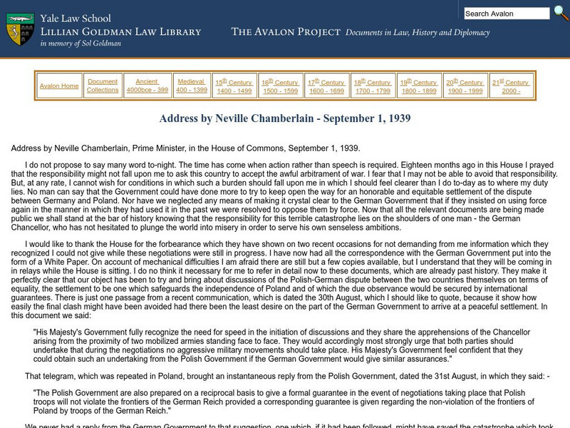 Yale: Avalon Project: Chamberlain's Address on the Eve of War Primary