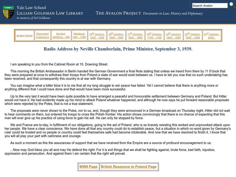 Avalon Project: Radio Address by Neville Chamberlain, Prime Minister Primary Avalon Project: Radio Address by Neville Chamberlain, Prime Minister Primary