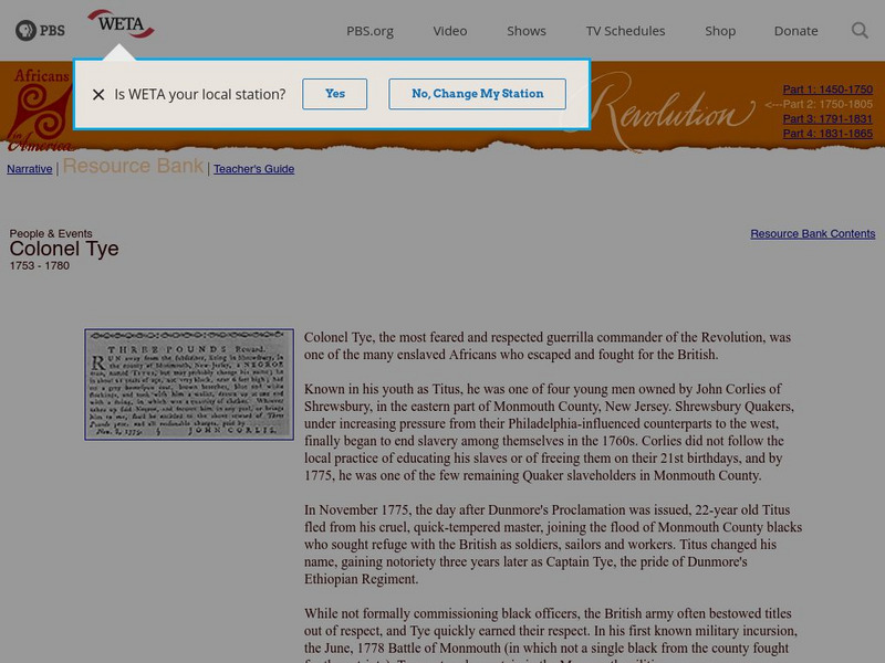 Africans in America: Revolution: Colonel Tye, 1753 1780 Article Africans in America: Revolution: Colonel Tye, 1753 1780 Article