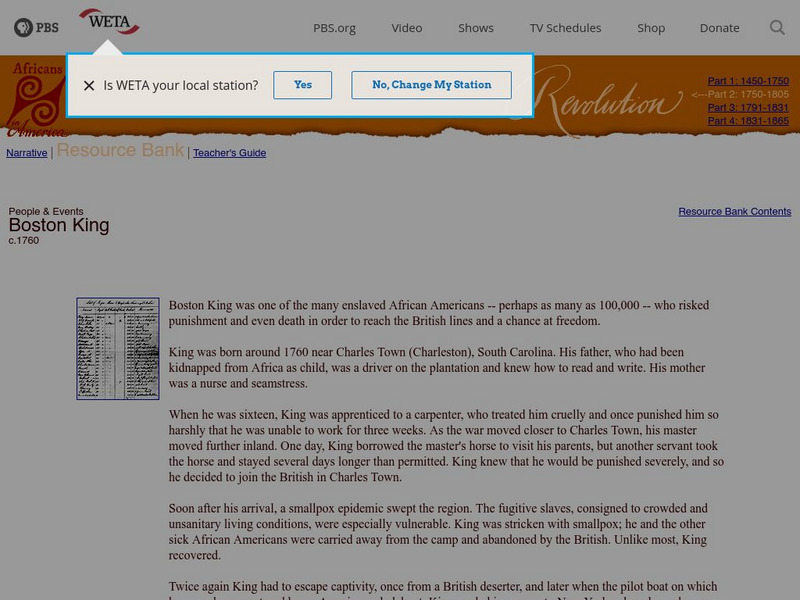 Africans in America: Revolution: Boston King, C.1760 Article Africans in America: Revolution: Boston King, C.1760 Article
