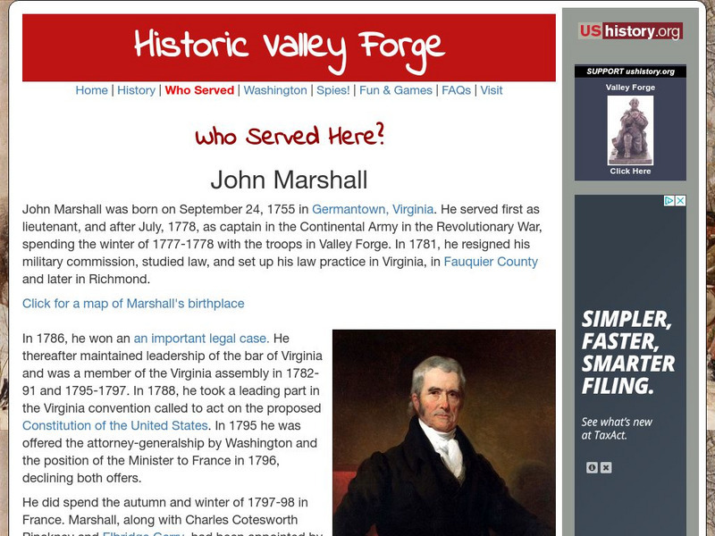 U.s. History: Historic Valley Forge: John Marshall Website