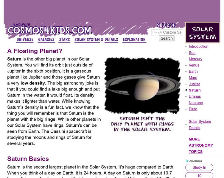 Cosmos4 Kids: Solar System: Saturn Handout