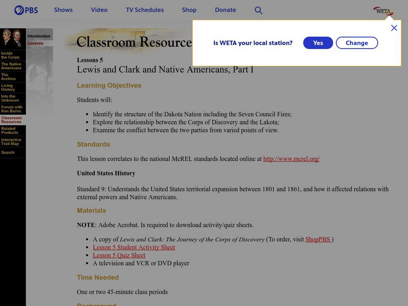 Pbs: Lewis and Clark and Native Americans, Part One Lesson Plan Pbs: Lewis and Clark and Native Americans, Part One Lesson Plan