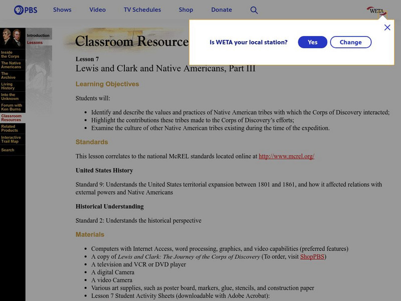 Pbs: Lewis and Clark and Native Americans, Part Three Lesson Plan Pbs: Lewis and Clark and Native Americans, Part Three Lesson Plan
