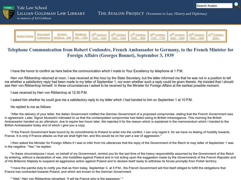Yale: Avalon Project: Telephone Communication From Robert Coulondre Primary Yale: Avalon Project: Telephone Communication From Robert Coulondre Primary