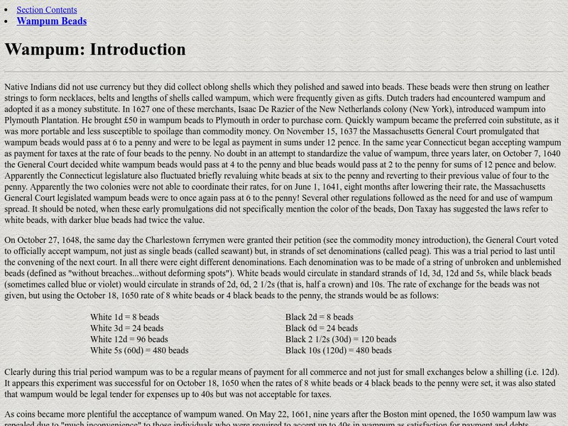 Coin and Currency Collections: Wampum Handout Coin and Currency Collections: Wampum Handout