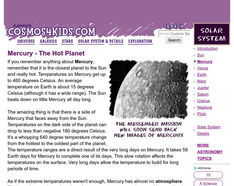 Cosmos4 Kids: Solar System: Mercury Handout Cosmos4 Kids: Solar System: Mercury Handout