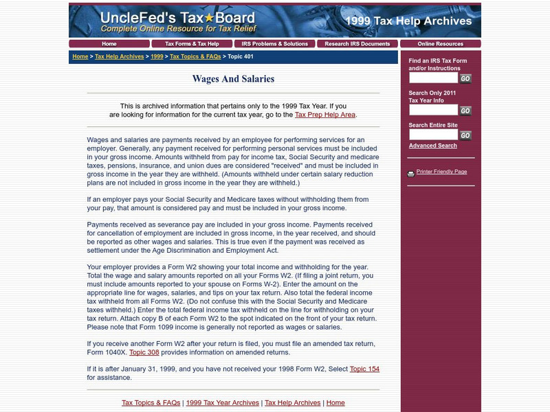 Uncle Fed's Taxes: Tax Topic 401, Wages and Salaries Website