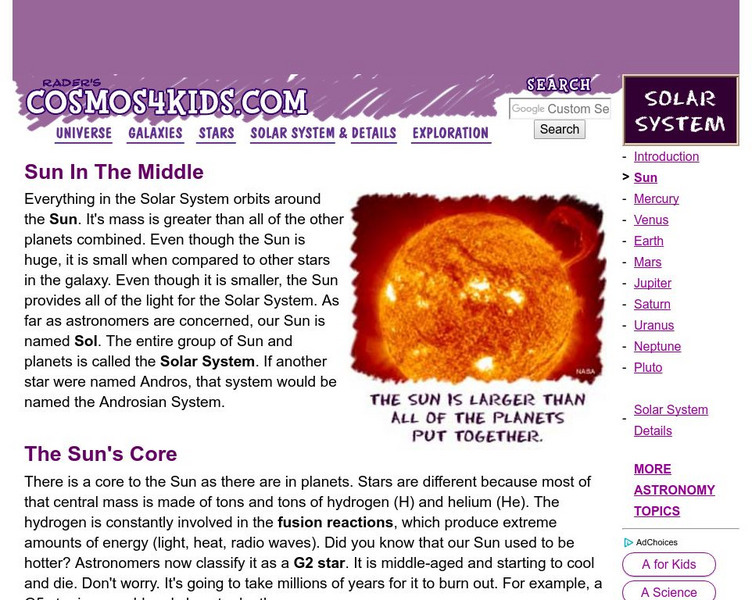 Cosmos4 Kids: Solar System: Sun Website