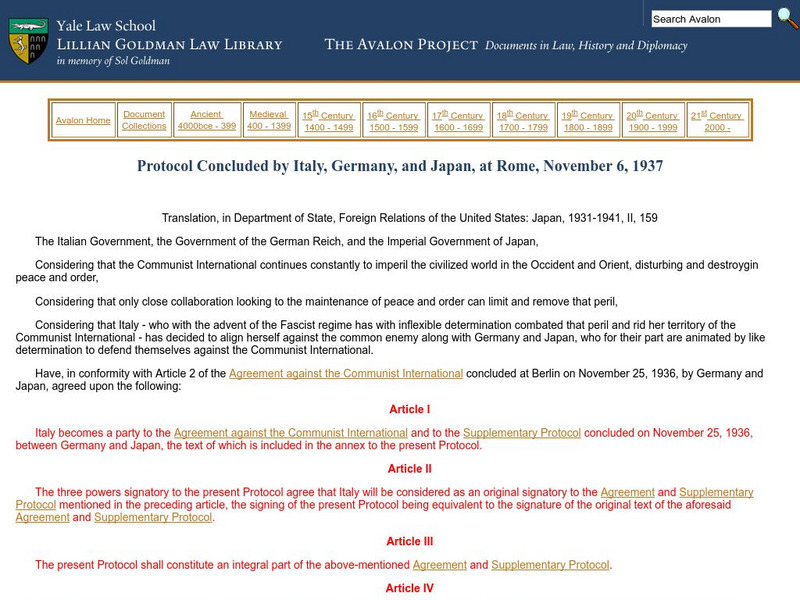Yale: Avalon Project: Protocol Concluded by Italy, Germany, and Japan Primary