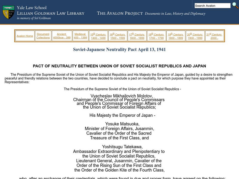 Avalon Project: Soviet Japanese Neutrality Pact Primary Avalon Project: Soviet Japanese Neutrality Pact Primary