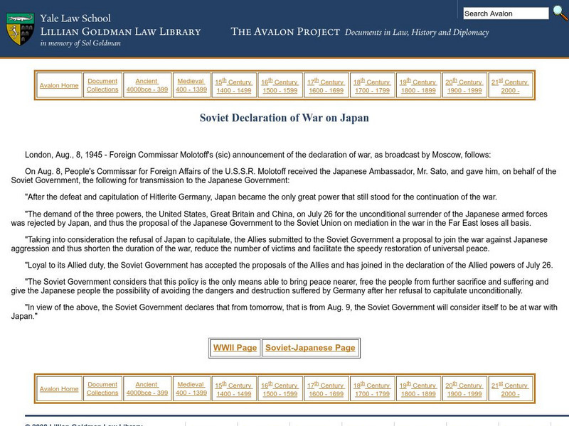 Avalon Project: Soviet Declaration of War on Japan Primary