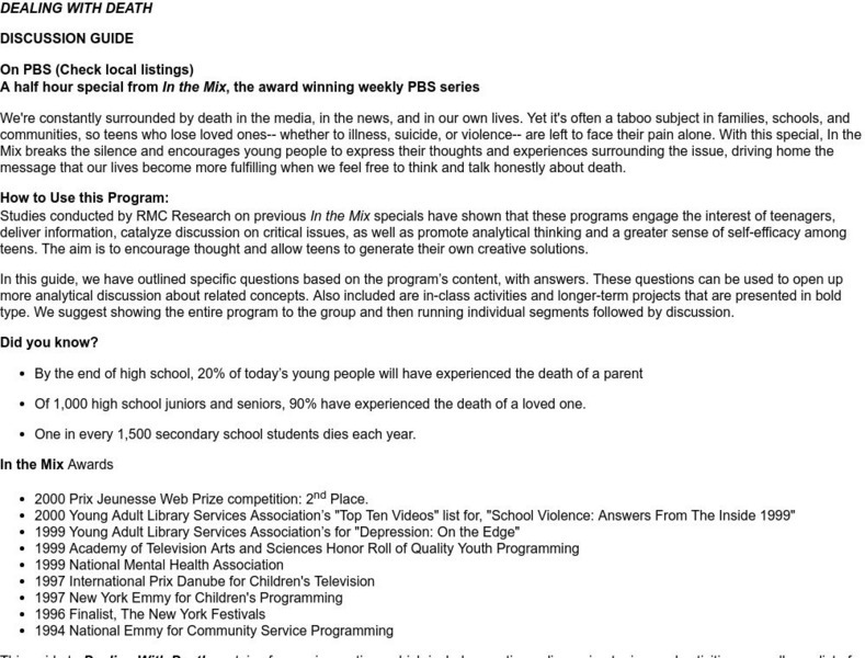 Pbs Teachers: Dealing With Death Discussion Guide Activity Pbs Teachers: Dealing With Death Discussion Guide Activity
