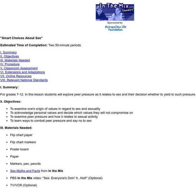 Pbs Teachers: Smart Choices About Sex Lesson Plan Pbs Teachers: Smart Choices About Sex Lesson Plan