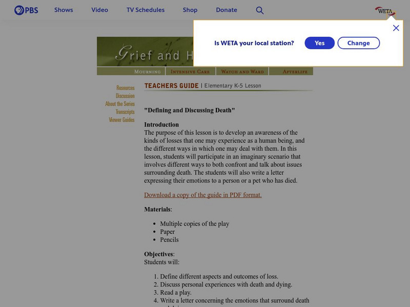 Pbs Teachers: Defining and Discussing Death Lesson Plan Pbs Teachers: Defining and Discussing Death Lesson Plan