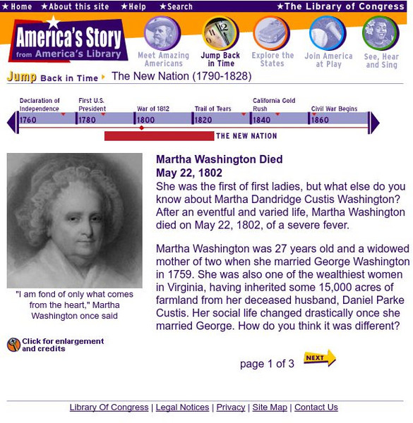 Loc: America's Story: Martha Washington Died May 22, 1802 Handout Loc: America's Story: Martha Washington Died May 22, 1802 Handout